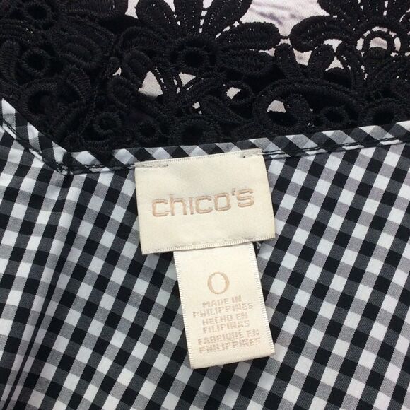 Chico's Tunic Women's Size 0 (XS/4) Black Gingham 3/4 Bell Sleeve Lace Applique - Picture 3 of 12